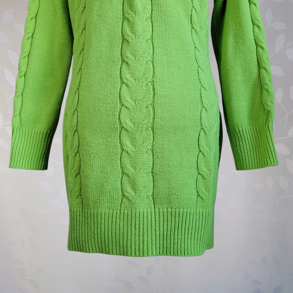 Lime Green Cable Knit Sweater Dress Crew Neck Long Sleeve Size M - Picture 7 of 9